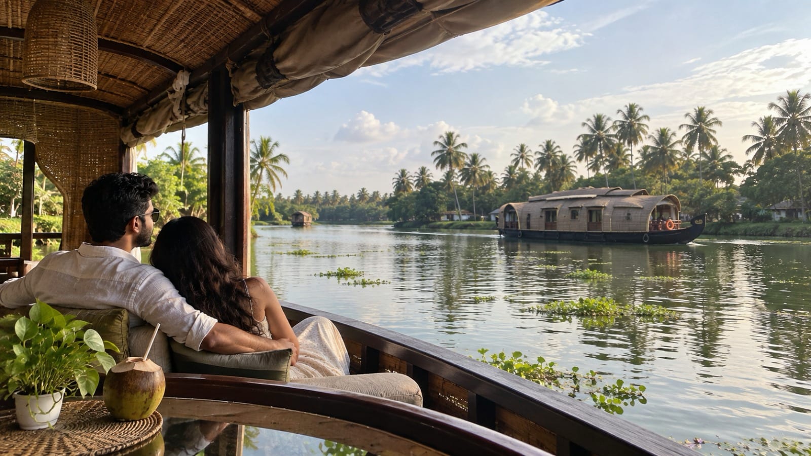 A couple on the deck of a Kerala houseboat watching another boat pass on the backwaters
