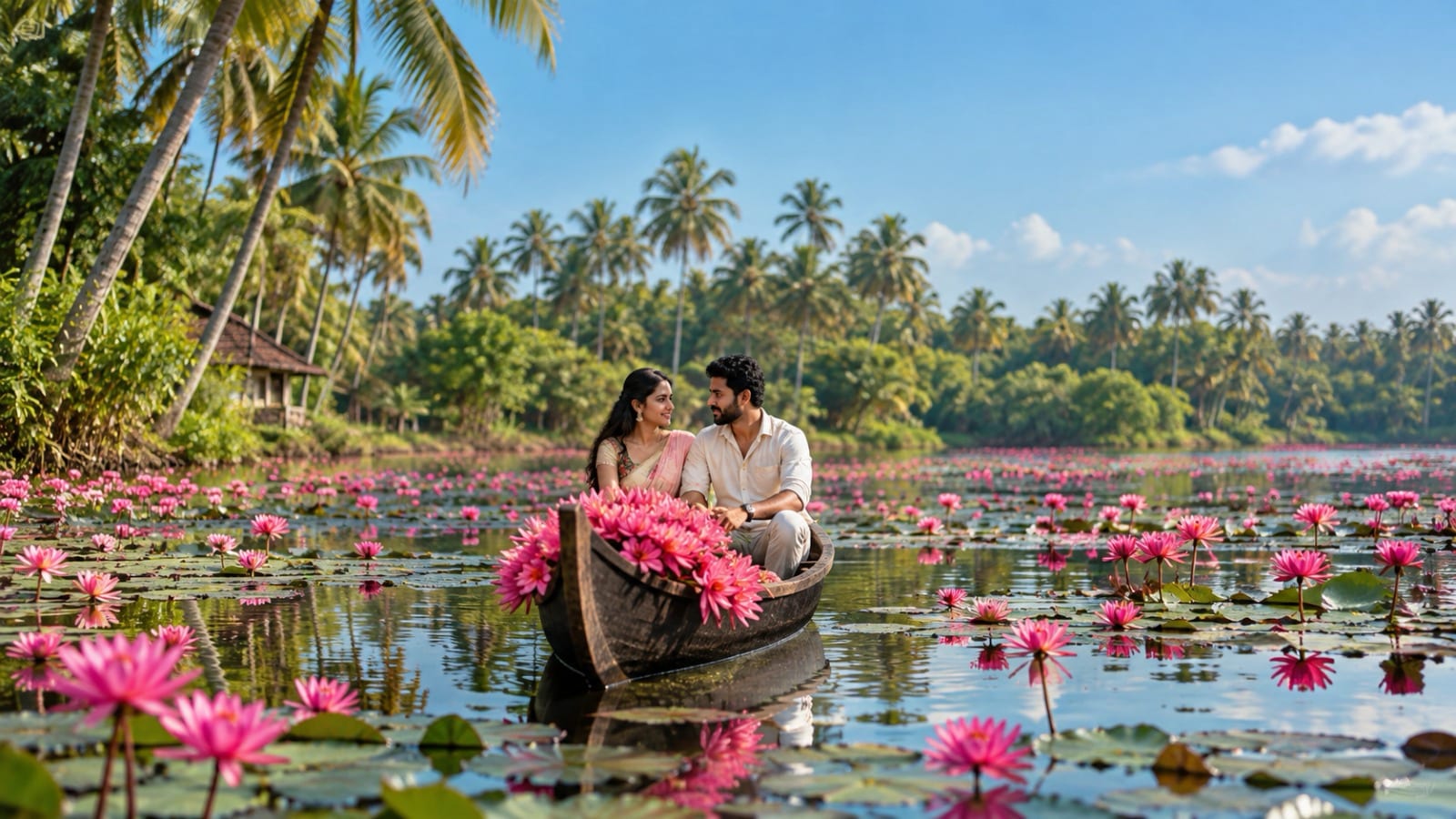 A couple in a small wooden boat among pink lotus blooms in Kerala